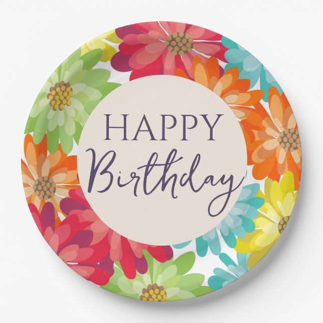 Happy Birthday farbenfrohe Frühlingsblumen Pappteller (Vorderseite)