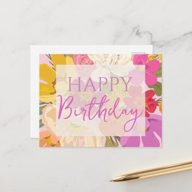 Happy Birthday farbenfrohe Frühlingsblumen Postkarte (Vorderseite/Rückseite Beispiel)