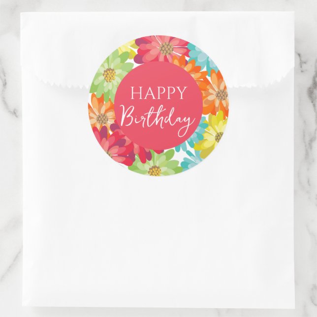 Happy Birthday farbenfrohe Frühlingsblumen Runder Aufkleber (Tasche)
