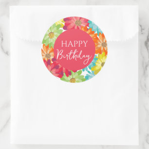 Happy Birthday farbenfrohe Frühlingsblumen Runder Aufkleber