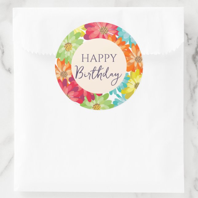 Happy Birthday farbenfrohe Frühlingsblumen Runder Aufkleber (Tasche)