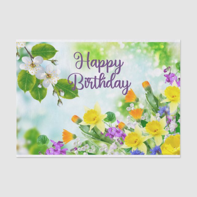Happy Birthday farbenfrohe Frühlingsblumen Seidenpapier (Vorderseite)