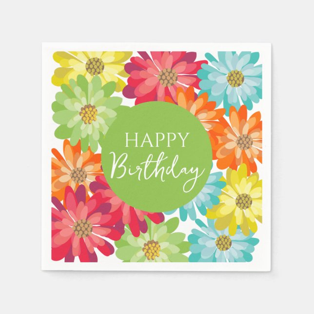 Happy Birthday farbenfrohe Frühlingsblumen Serviette (Vorderseite)