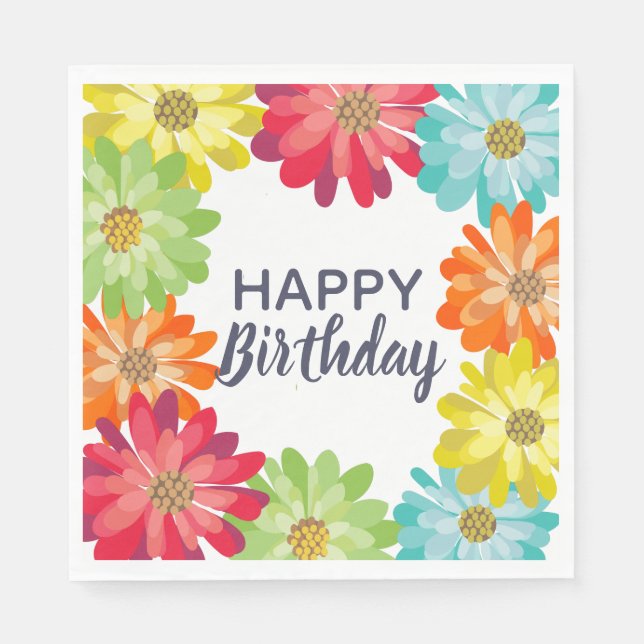 Happy Birthday farbenfrohe Frühlingsblumen Serviette (Vorderseite)