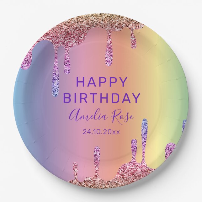 Happy Birthday Farbenfrohe Glitzer Tropfens Party Pappteller (Vorderseite)