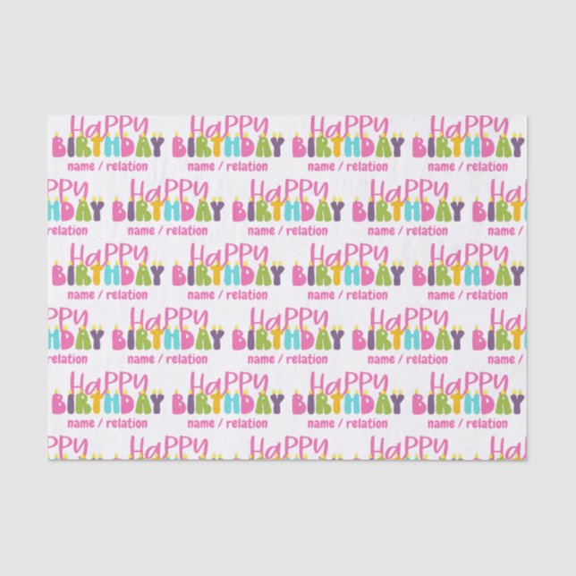 Happy Birthday farbenfrohe Kerzen Personalisiert Seidenpapier (Vorderseite)