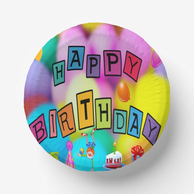 Happy Birthday farbenfrohe Papierschale Pappteller (Vorderseite)