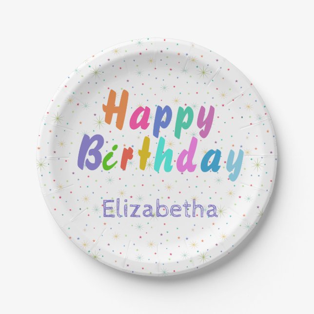 Happy Birthday farbenfrohe Sterne und Text persona Pappteller (Vorderseite)