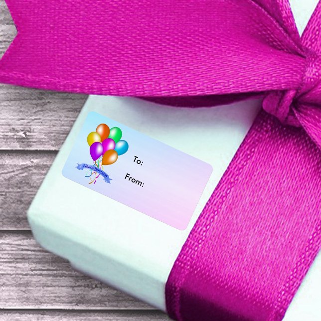 Happy Birthday Festive Balloons Multiple Colors Adressaufkleber (Colourful balloons and streamers on Happy Birthday blue and pink gift tag stickers.)