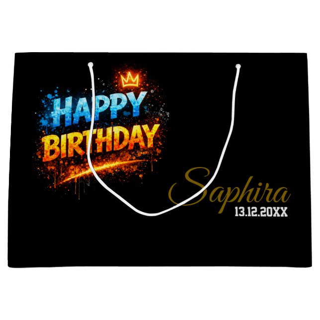 Happy Birthday Fire & Ice Splash Design (benutzerd Große Geschenktüte (Vorderseite)