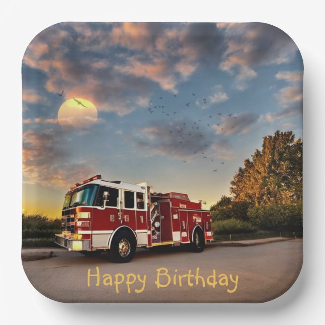 Happy Birthday Fire Truck Pappteller (Vorderseite)