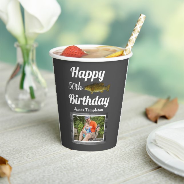 Happy Birthday Fishing Foto Name Vater Männer Pappbecher (In Situ)