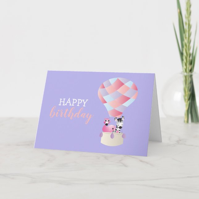 Happy Birthday Flamingo Zebra Hot Air Ballon Karte (Vorderseite)