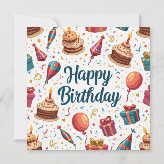 Happy Birthday Flat Card mit Balloons und Kuchen