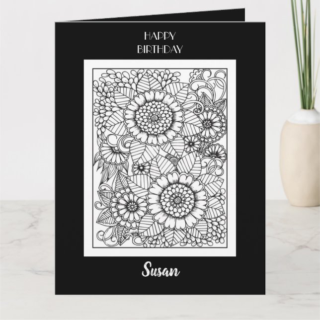 Happy Birthday Floral Coloring Card Karte (Vorderseite)
