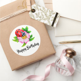 Happy Birthday Floral Ladybug Runder Aufkleber