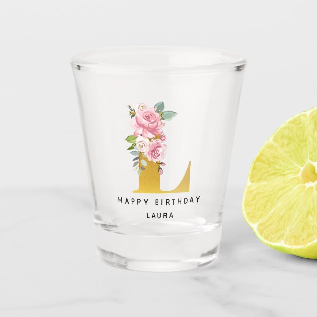 Happy Birthday Floral Monogram L Personalisiert Na Schnapsglas (Vorderseite)