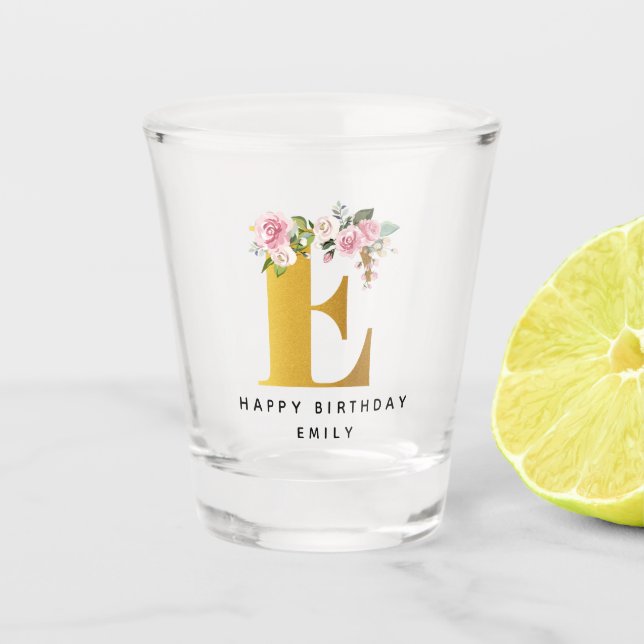 Happy Birthday Floral Monogram Personalisiert Name Schnapsglas (Vorderseite)