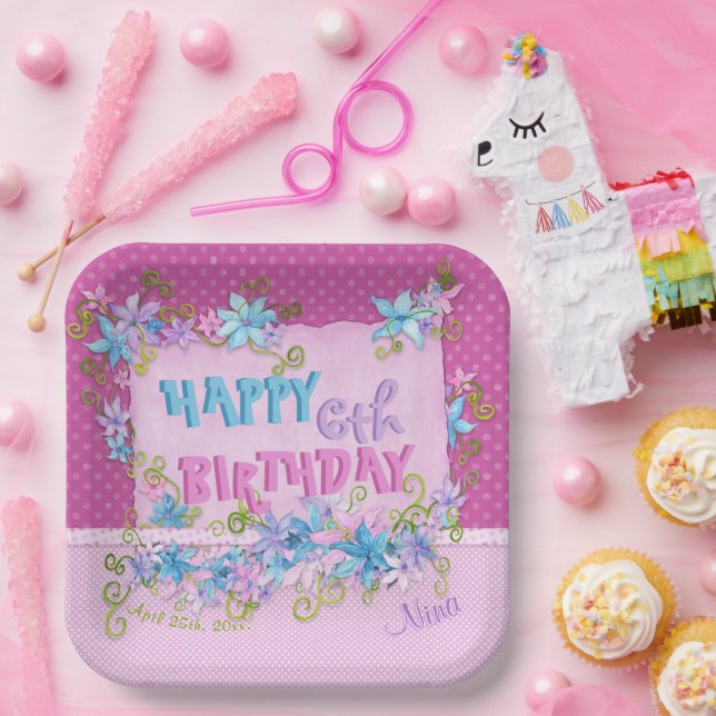 Happy Birthday Floral Pink Lila Polka Dots Pappteller (Party)