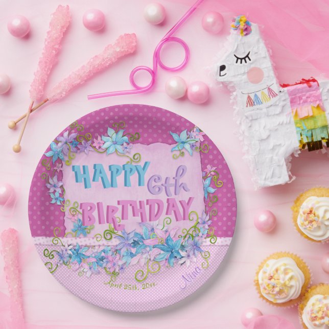 Happy Birthday Floral Pink Lila Polka Dots Pappteller (Party)