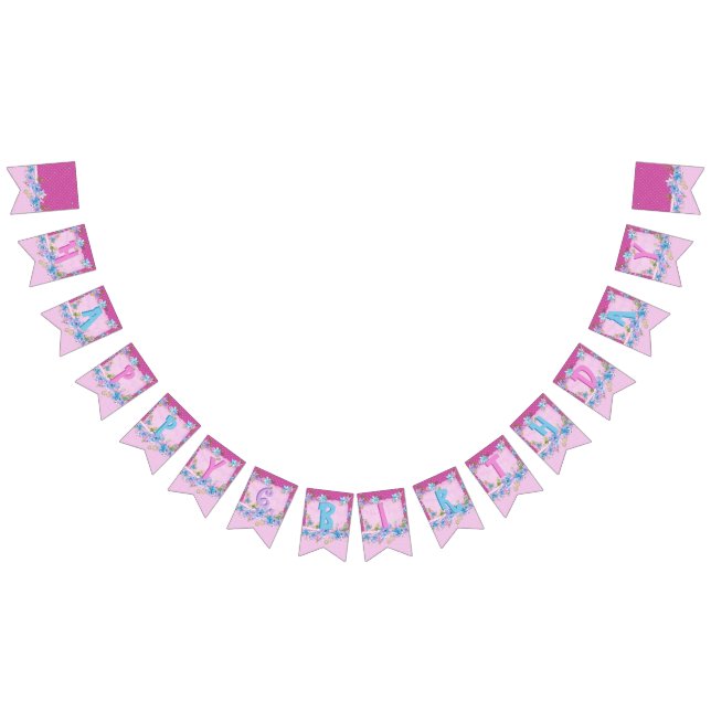 Happy Birthday Floral Pink Lila Polka Dots Party Wimpelkette (Alle)