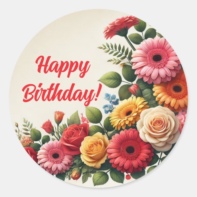 Happy Birthday Floral Runder Aufkleber (Vorderseite)