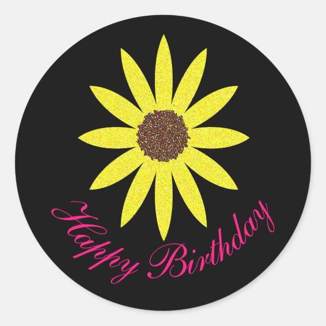 Happy Birthday Floral Sonnenblume Rosa Gelb Schwar Runder Aufkleber (Vorderseite)