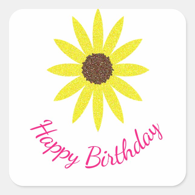 Happy Birthday Floral Sonnenblumen Blume Gelb Rosa Quadratischer Aufkleber (Vorderseite)