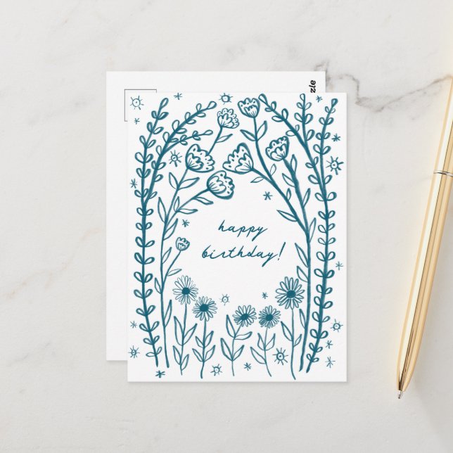 Happy Birthday Floral Whimsical Sketch Doodle Postkarte (Vorderseite/Rückseite Beispiel)