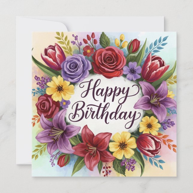 Happy Birthday Floral Wreath Karte (Vorderseite)