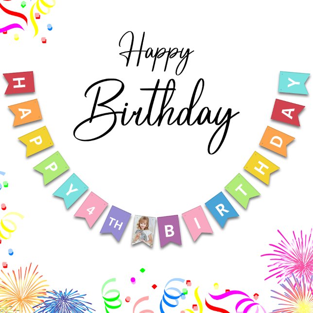 Happy Birthday Foto Age Colorful Wimpelkette (Elevate birthdays with our vibrant, personalized bunting flag for a festive celebration!)