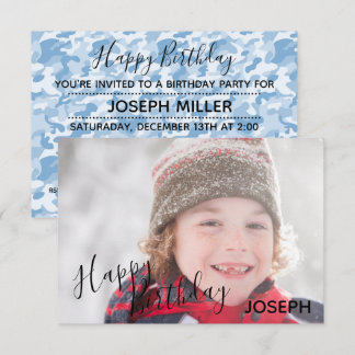 Happy Birthday Foto Blau Camo-3x5 Geburtstagseinla Einladung