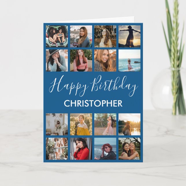 Happy Birthday Foto Collage 16 Fotos Blau Karte (Vorderseite)