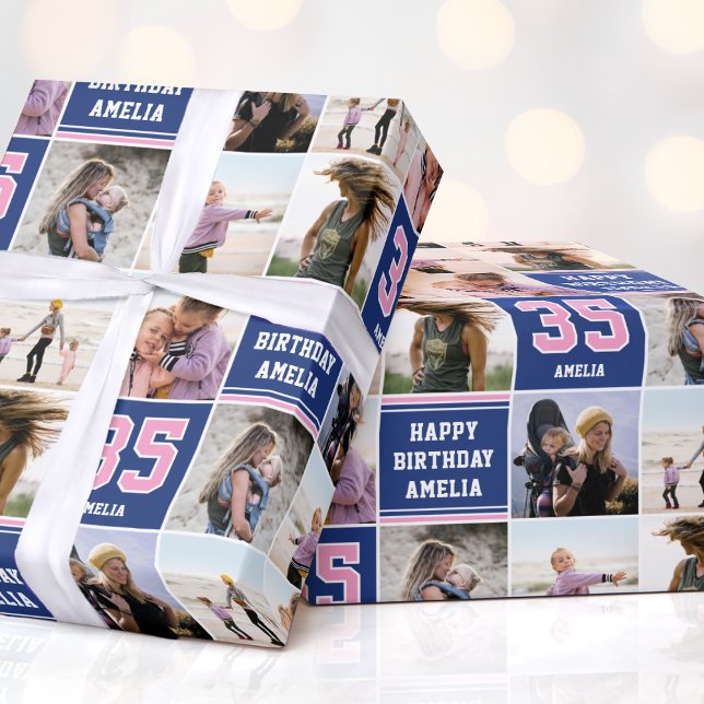 Happy Birthday Foto Collage jedes Alter Navy Rosa Geschenkpapier (Von Creator hochgeladen)
