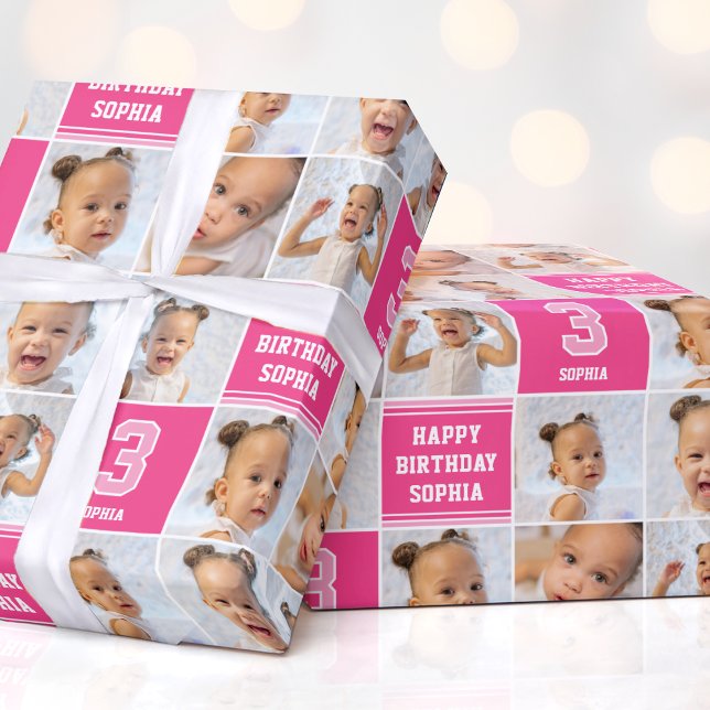 Happy Birthday Foto Collage jedes Alter rosa weiß Geschenkpapier (Von Creator hochgeladen)