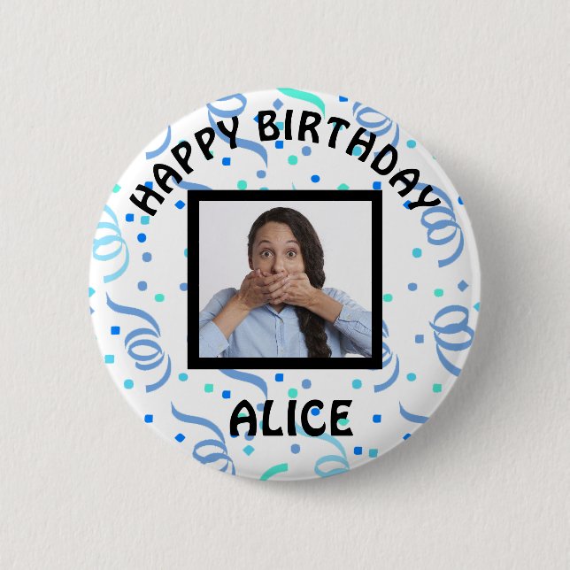 Happy Birthday Foto Confetti Button (Vorderseite)