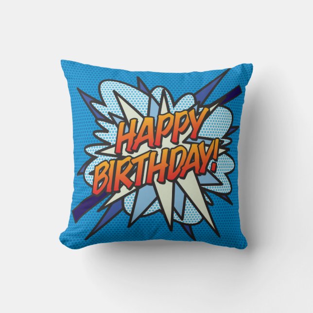Happy Birthday Foto Fun Modern Comic Book Blue Kissen (Vorderseite)
