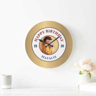 Happy Birthday Foto Gold Elegante Persönliche Ges Große Wanduhr