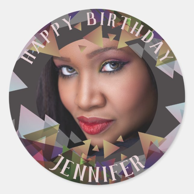 Happy Birthday FOTO Stickers Mauve Taupe Polygon (Vorderseite)