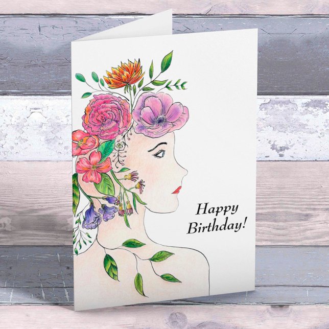 Happy Birthday Frau mit Blume Illustration Karte (Von Creator hochgeladen)