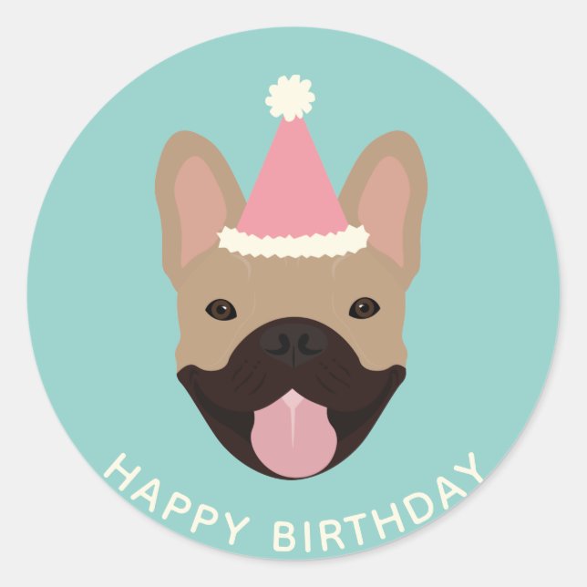 Happy Birthday French Bulldog Party Hat Runder Aufkleber (Vorderseite)
