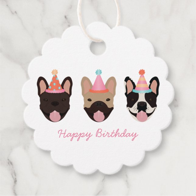 Happy Birthday French Bulldog Party Hats Pink Geschenkanhänger (Vorderseite)