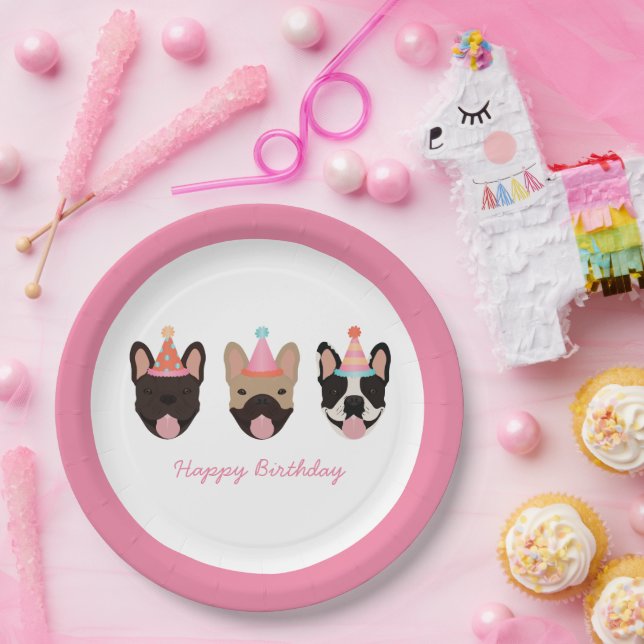 Happy Birthday French Bulldog Party Hats Pink Pappteller (Party)