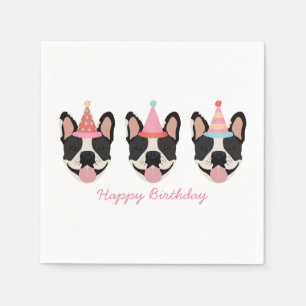 Happy Birthday French Bulldog Party Hats Pink Serviette