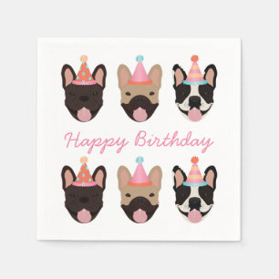 Happy Birthday French Bulldog Party Hats Pink Serviette