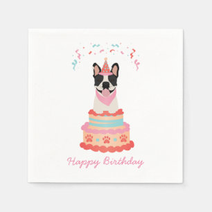 Happy Birthday French Bulldog Party Hats Pink Serviette