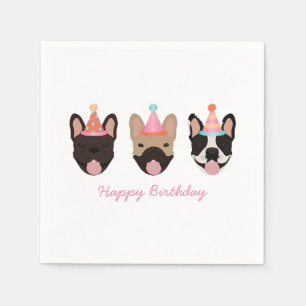 Happy Birthday French Bulldog Party Hats Pink Serviette