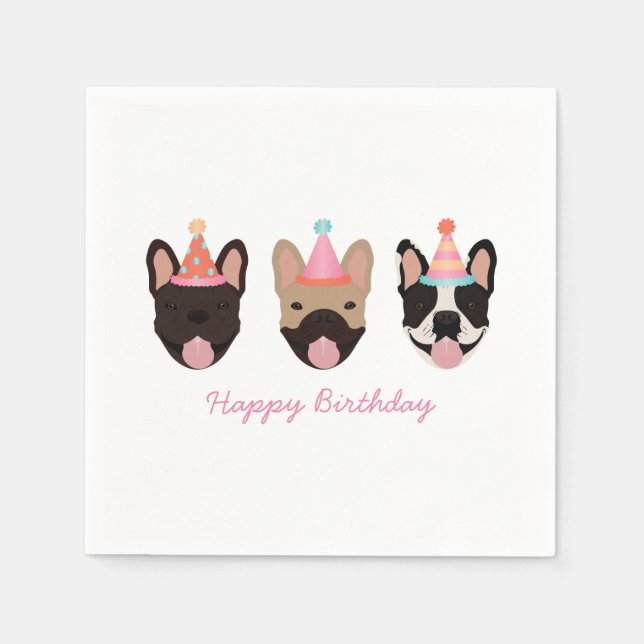 Happy Birthday French Bulldog Party Hats Pink Serviette (Vorderseite)