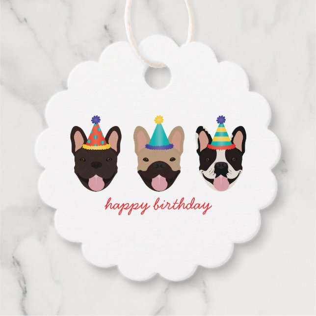 Happy Birthday French Bulldog Party Hats Red Geschenkanhänger (Vorderseite)