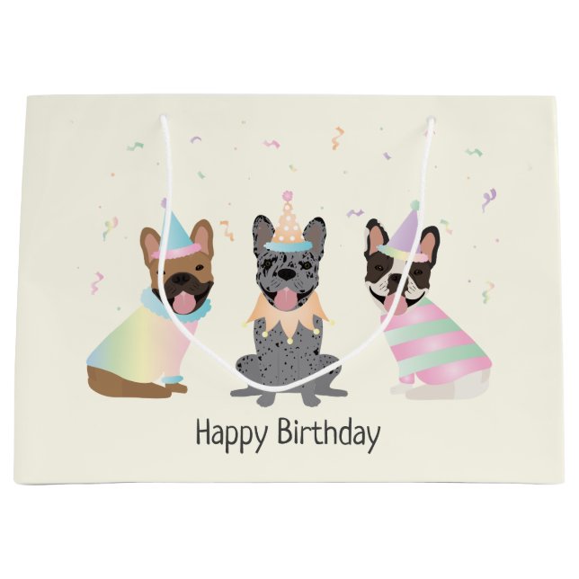 Happy Birthday French Bulldogs Große Geschenktüte (Vorderseite)